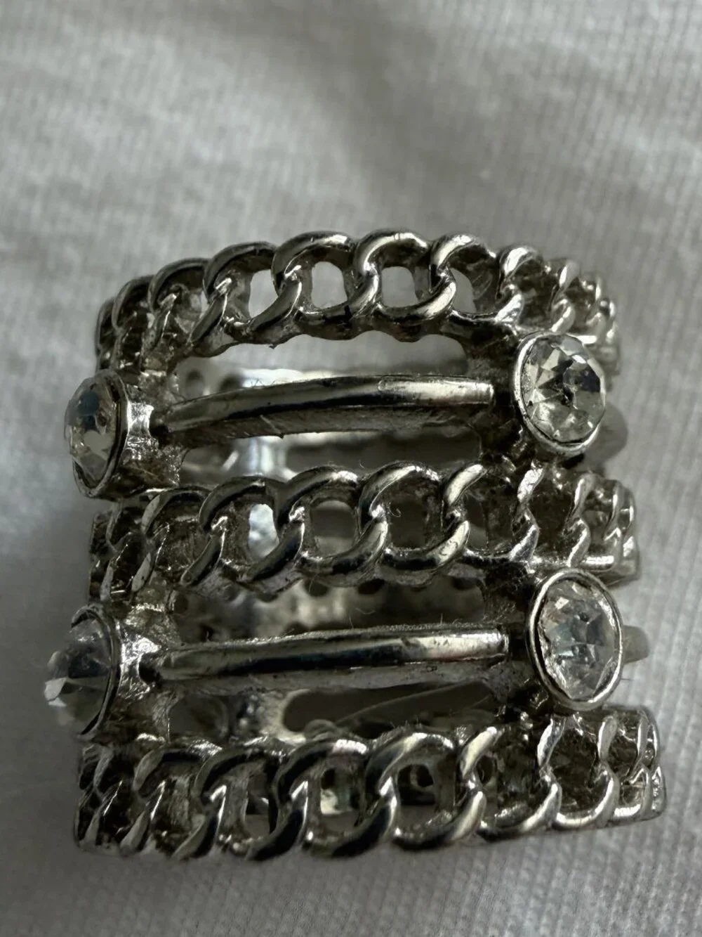 Silver Tone Rhinestone Chain Link Wide Stretch Statement Ring